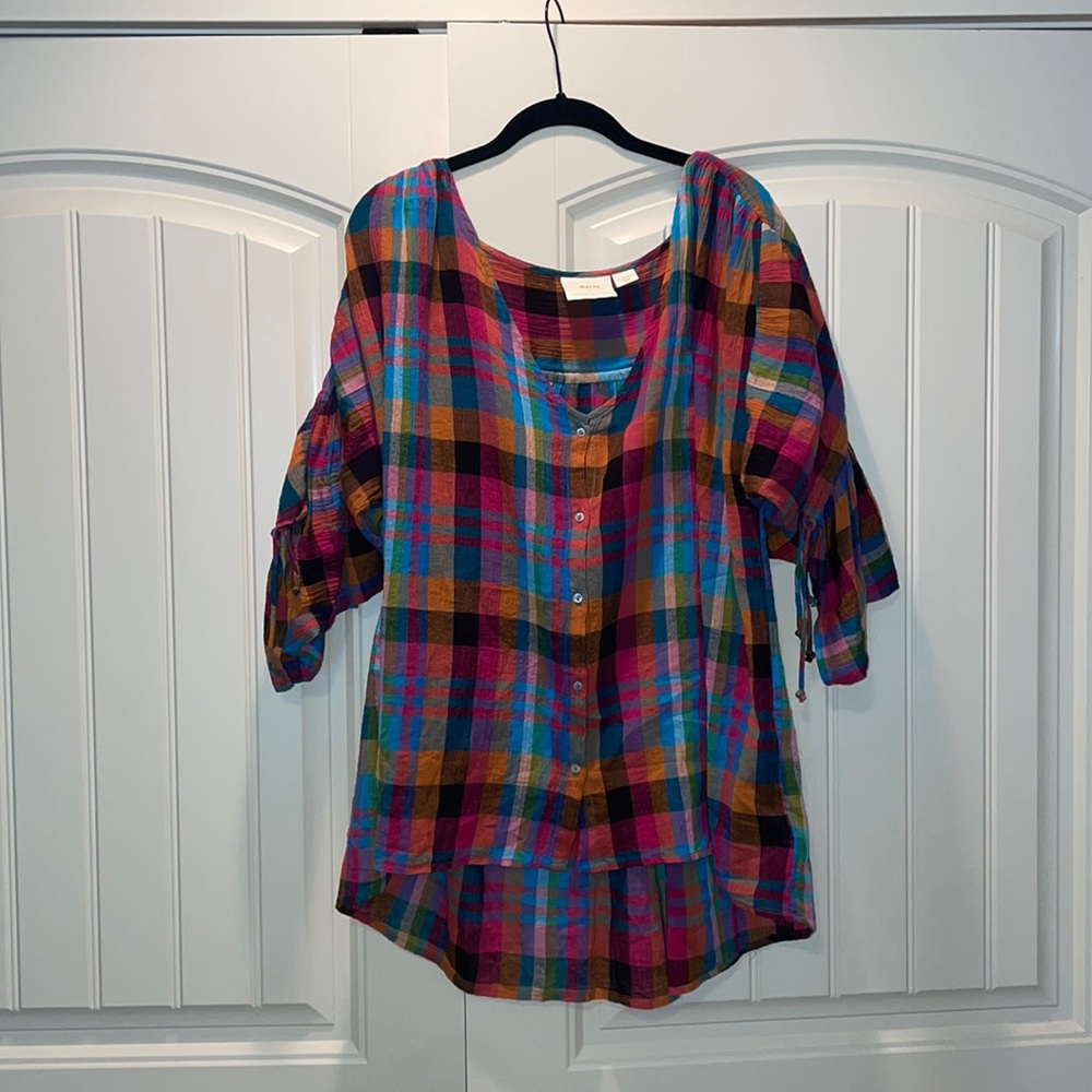 Anthropologie Maeve Plaid Top with tie sleeves